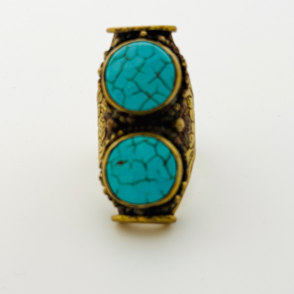 Turquoise-colored Double Stone Bohemian Ring - Gold Tone Adjustable